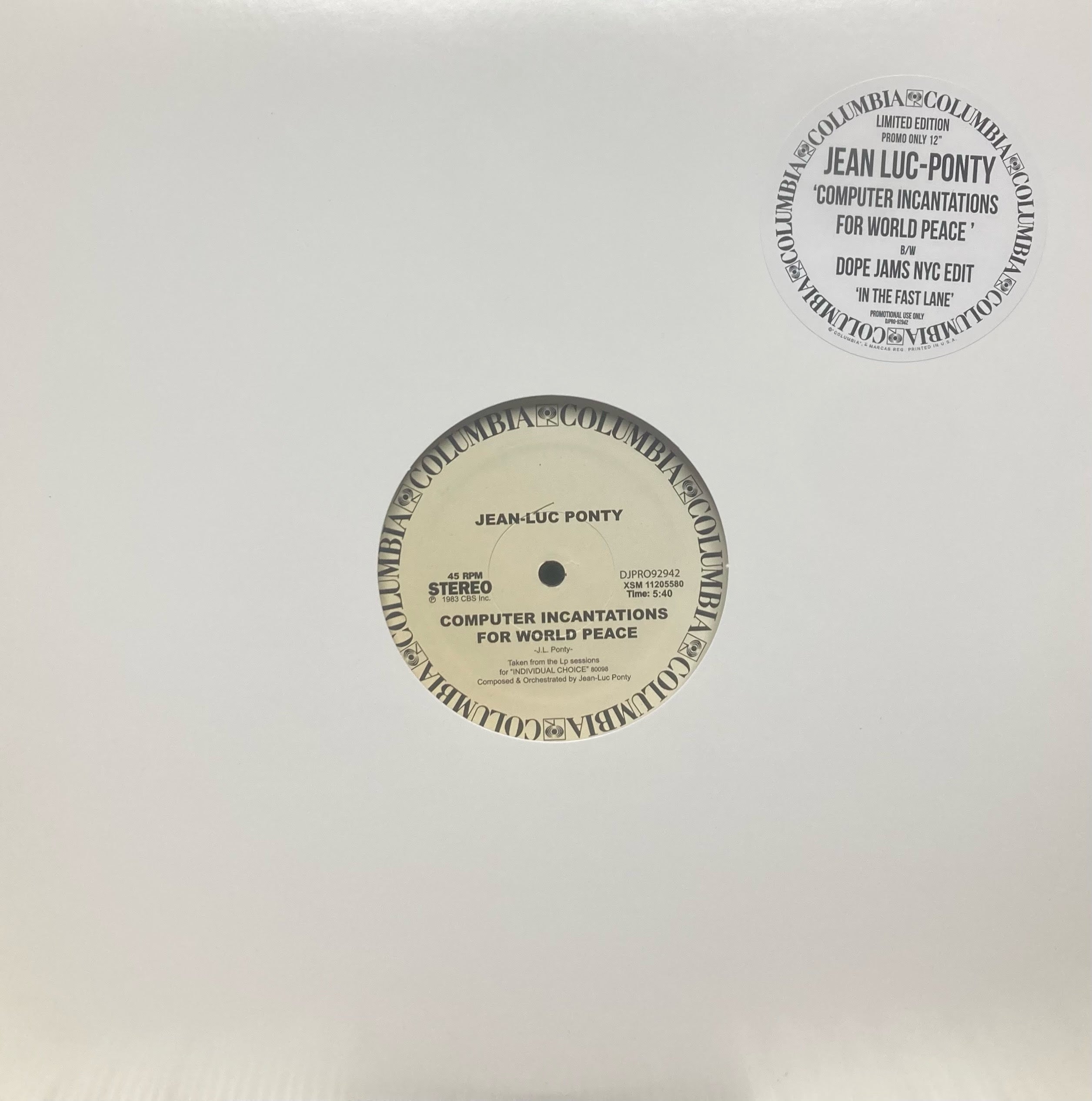 Jean-Luc Ponty – Computer Incantations For World Peace / In The Fast Lane (Dope James NYC Edit)