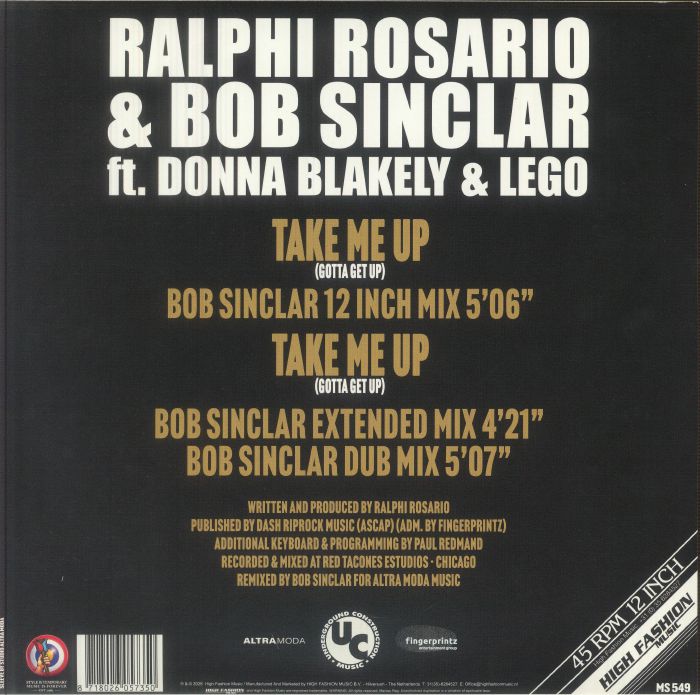 Ralphi Rosario & Bob Sinclar feat. Donna Blakely & Lego - Take Me Up (Gotta Get Up)【近日入荷予定】